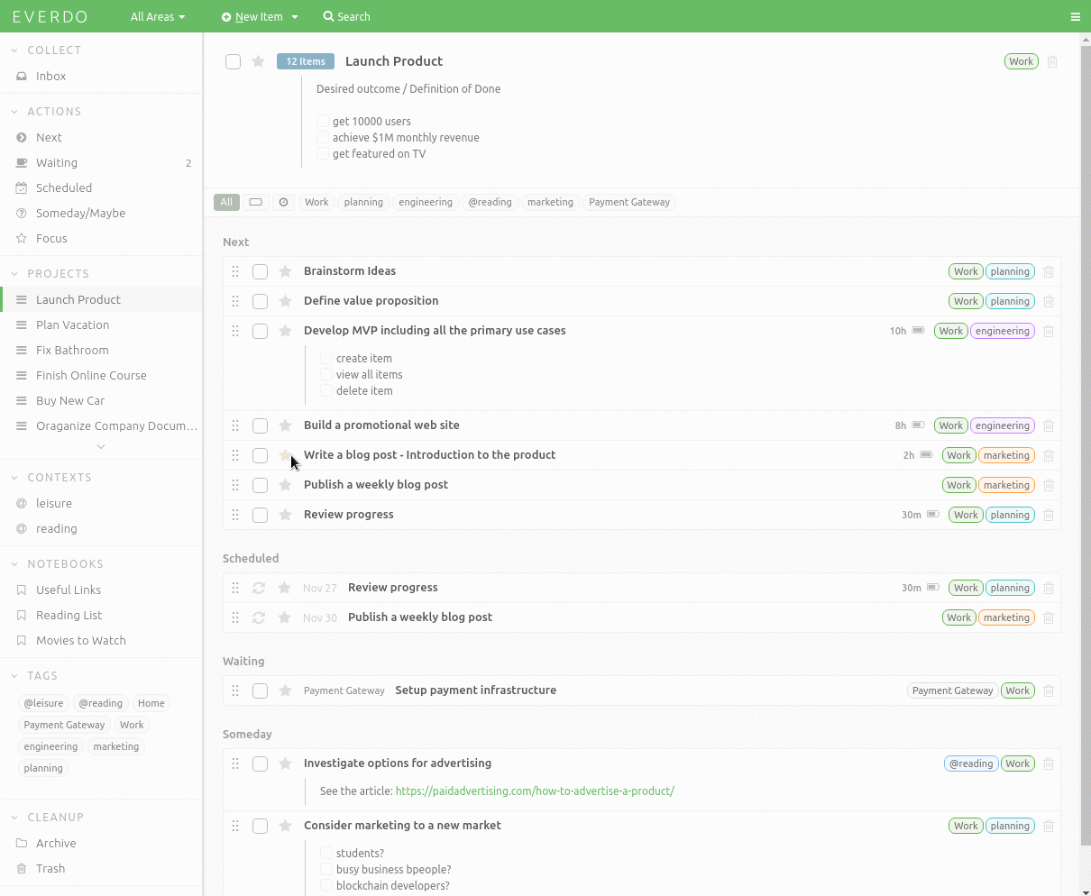 Starred (focused) tasks apper in the focus list until done or unfocused